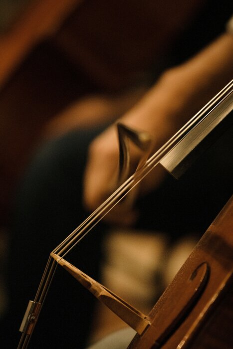 Nahaufnahme von Cello und Bogen